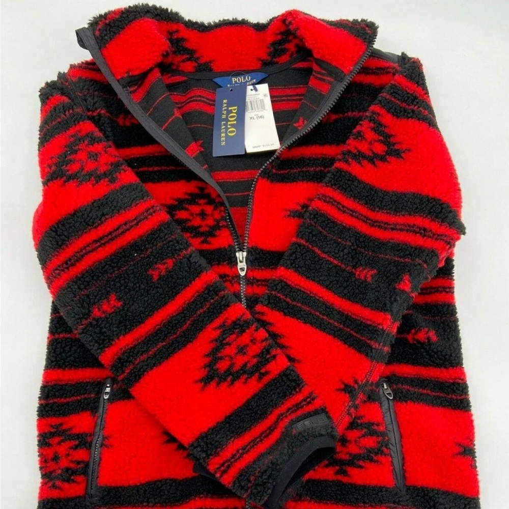 Ralph Lauren Red and Black Striped Fleece Jacket